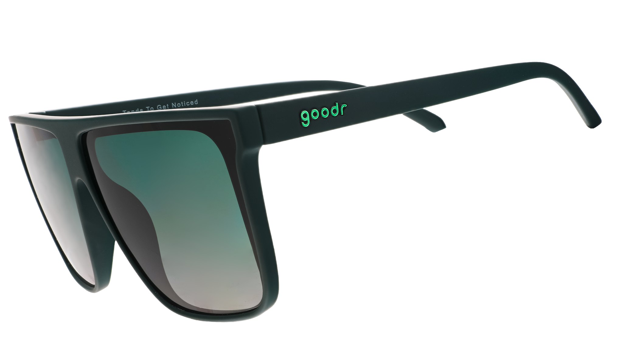 Three-quarter angle view of deep green oversized flat-top sunglasses with green gradient lenses.