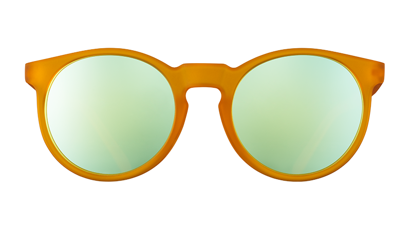 Front view of round orange sunglasses with light blue reflective polarized lenses.
