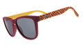 Three-quarter angle view of dark red and yellow sunglasses with an ASU print and black lenses.