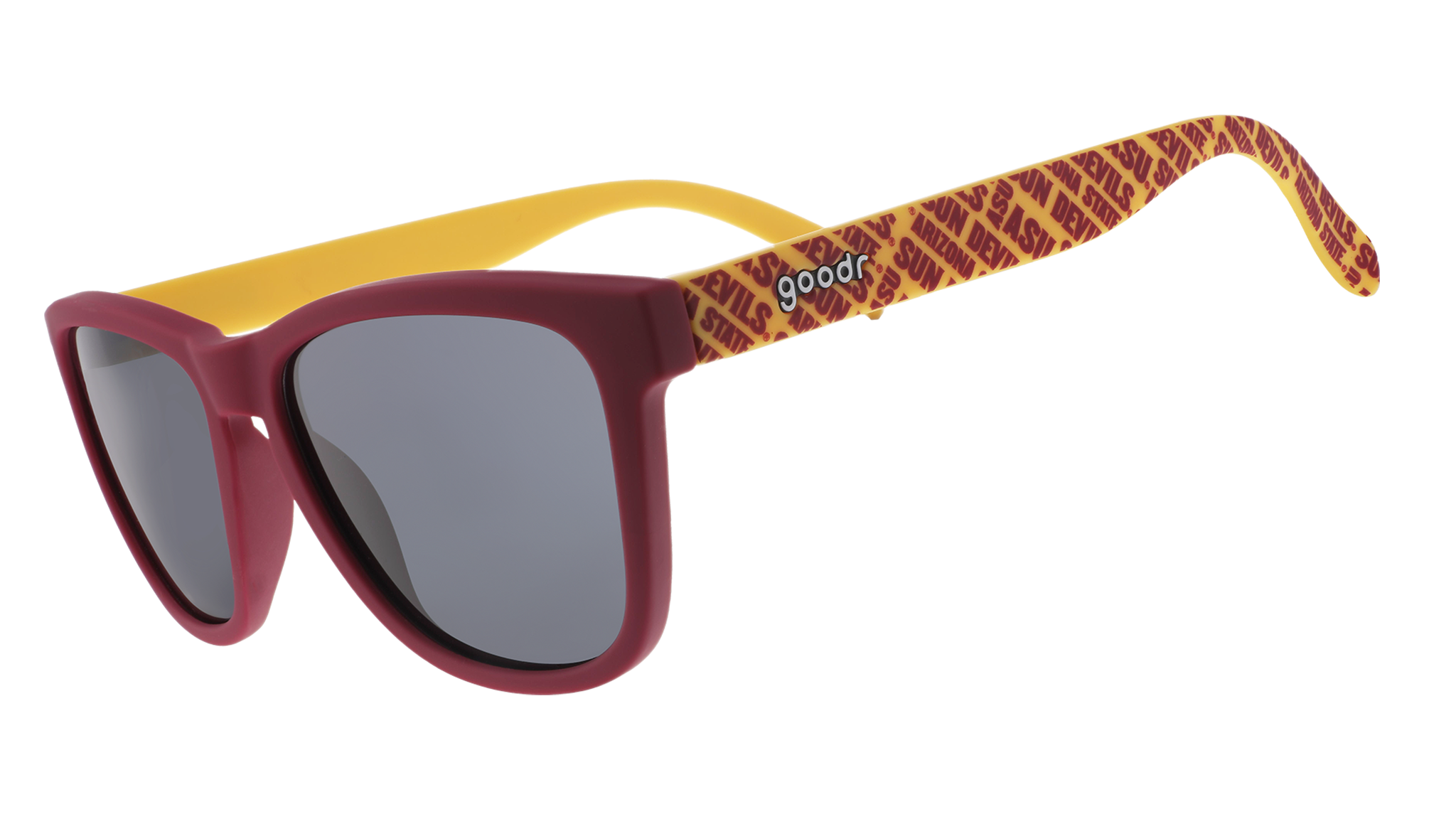 Three-quarter angle view of dark red and yellow sunglasses with an ASU print and black lenses.