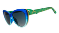 Three-quarter angle view of blue and green ombré cat-eye frames with green gradient lenses and a peacock-inspired design.