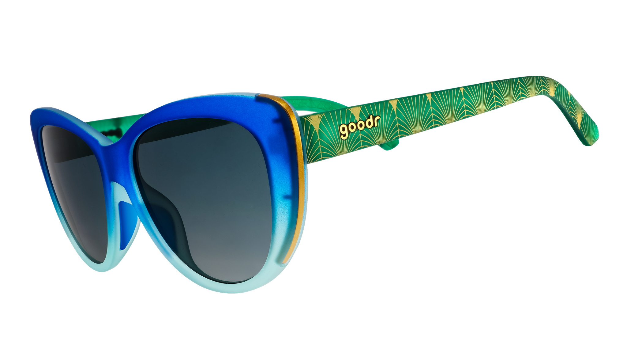 Three-quarter angle view of blue and green ombré cat-eye frames with green gradient lenses and a peacock-inspired design.