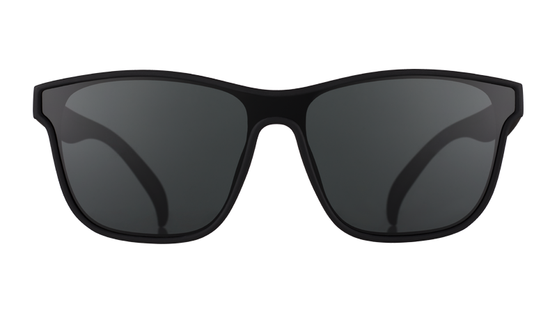 Front view of black sunglasses with a black non-reflective flat single lens.